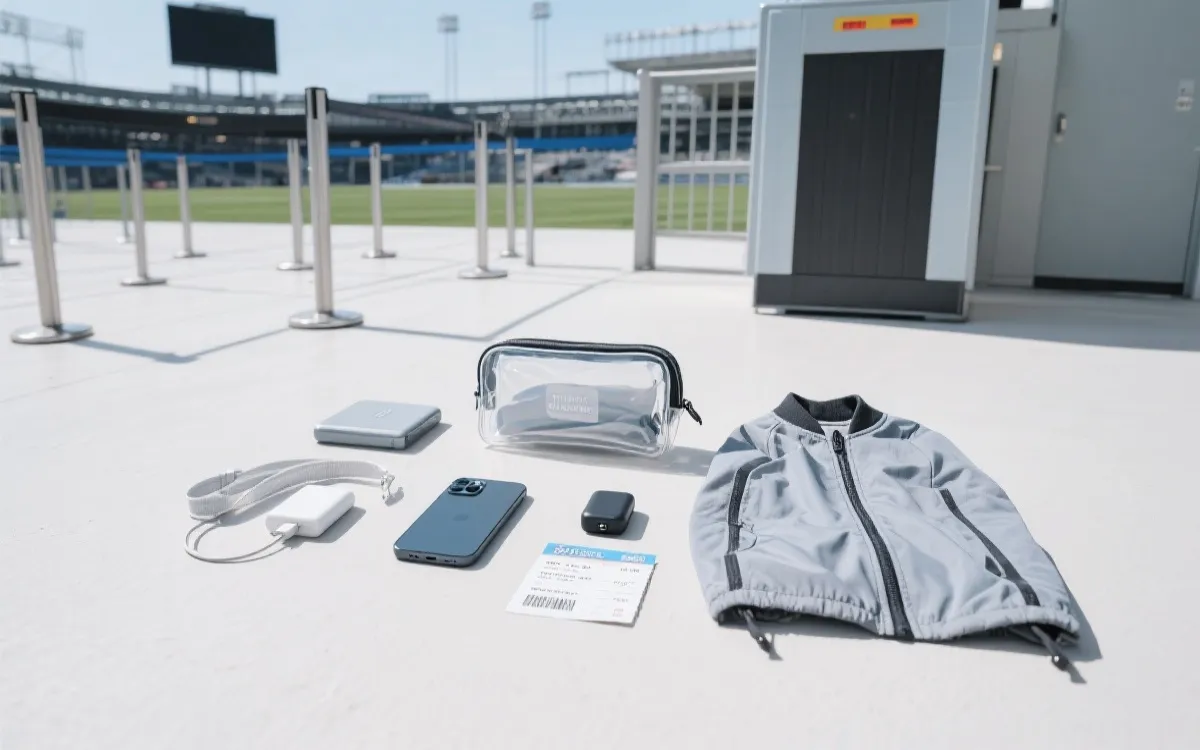 球场安检入口与透明小包、票务与随身物品的整理平铺