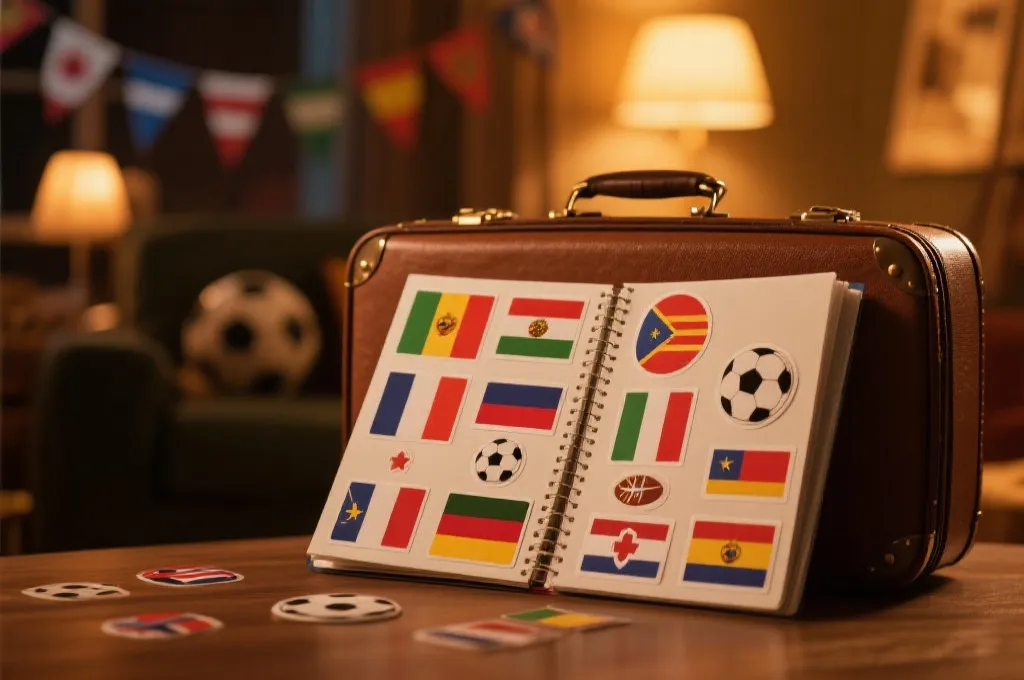 国旗贴纸贴在行李箱与收藏册中的场景，体现世界杯氛围与整理归档