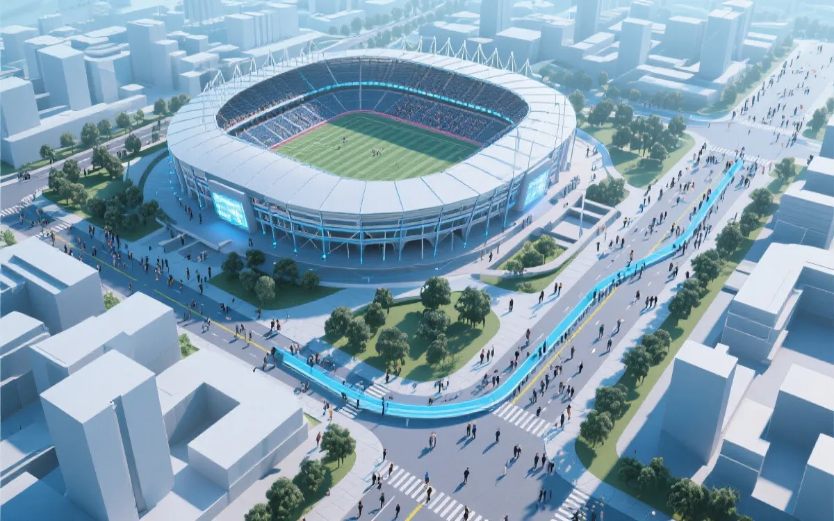 数字孪生城市中模拟场馆周边人流与交通调度的三维示意